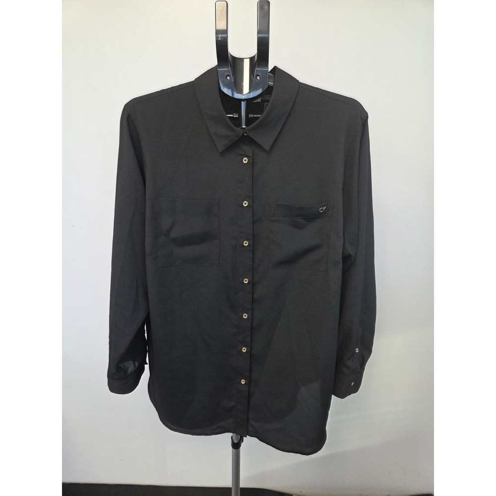 Calvin Klein Shirt Womens 16W Black Button Up Roll Tab Long Sleeve Blouse